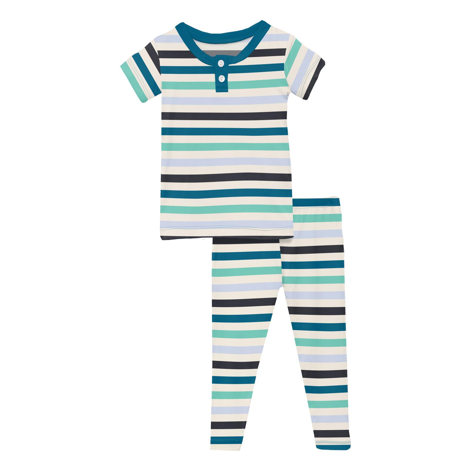 Kickee Pants Little Boy Blue Stripe Print Short Sleeve Henley Pajama S