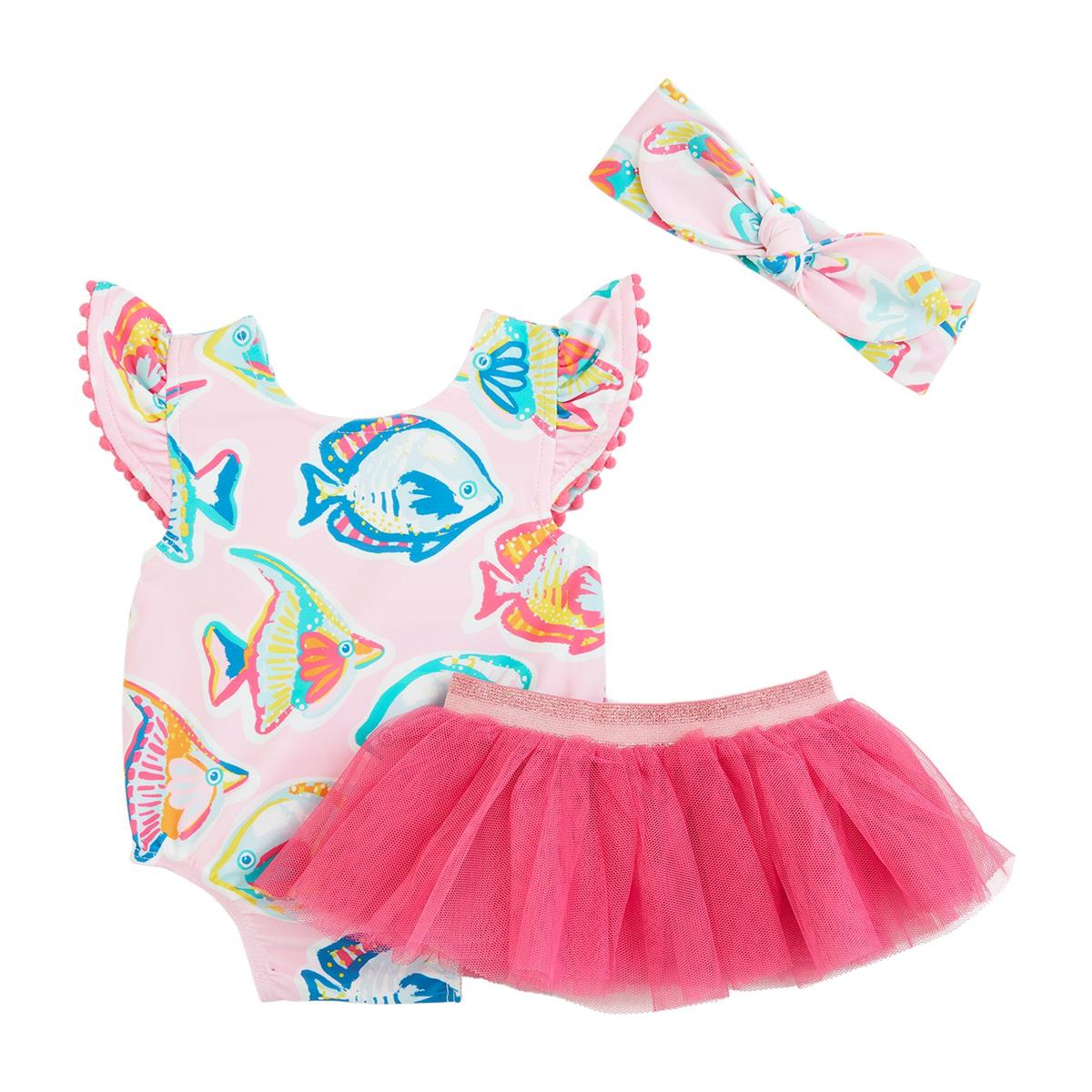 Mud Pie Reversible Swimsuit Tutu Set Pink Fish Stripe