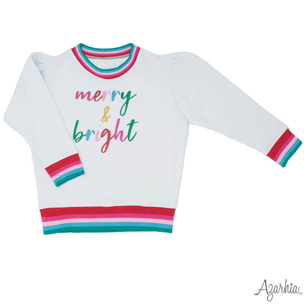 Azarhia Christmas Holly Glitter Merry & Bright Sweatshirt - White-AZARHIA-Little Giant Kidz