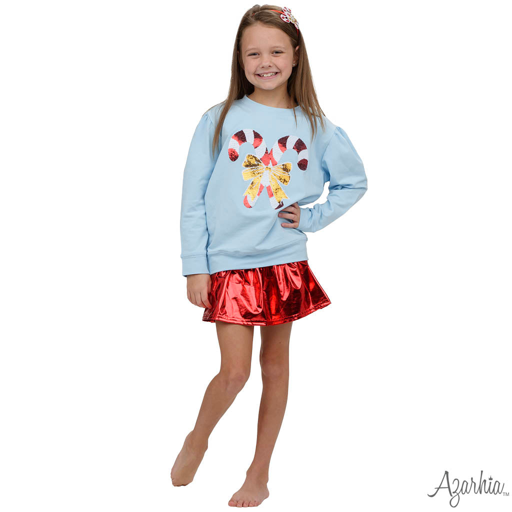 Azarhia Christmas Holly Sequin Candy Canes Sweatshirt - Light Blue-AZARHIA-Little Giant Kidz