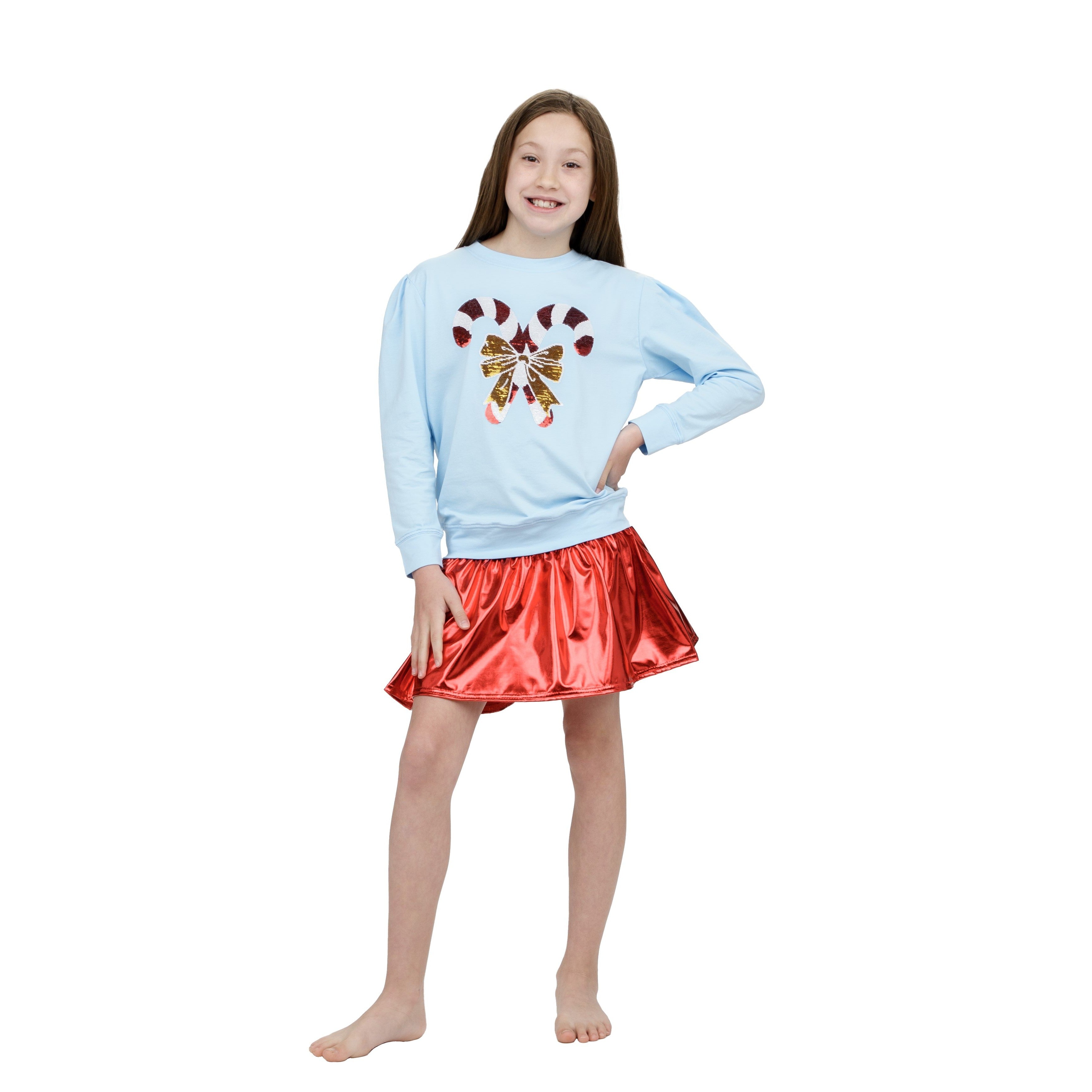 Azarhia Christmas Holly Sequin Candy Canes Sweatshirt - Light Blue-AZARHIA-Little Giant Kidz