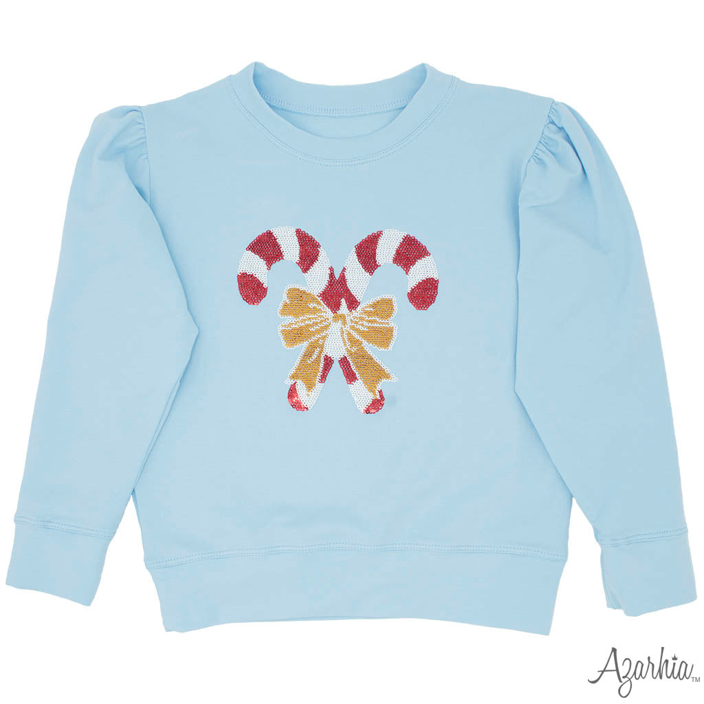 Azarhia Christmas Holly Sequin Candy Canes Sweatshirt - Light Blue-AZARHIA-Little Giant Kidz