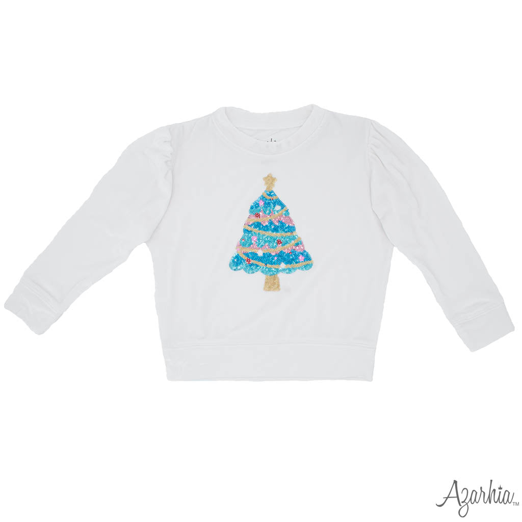 Azarhia Christmas Velvet Holly Sequin Christmas Tree Sweatshirt - Natural-AZARHIA-Little Giant Kidz