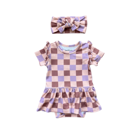 Baby Sprouts Girl's Short Sleeve Bodysuit Dress Set- Checker In Burlwood-Baby Sprouts-Little Giant Kidz