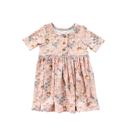 Baby Sprouts Girl's Short Sleeve Henley Dress- Butterfly Garden-Baby Sprouts-Little Giant Kidz