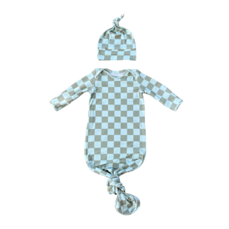 Baby Sprouts Newborn Knotted Sleeper Set- Checker in Seagrass-Baby Sprouts-Little Giant Kidz