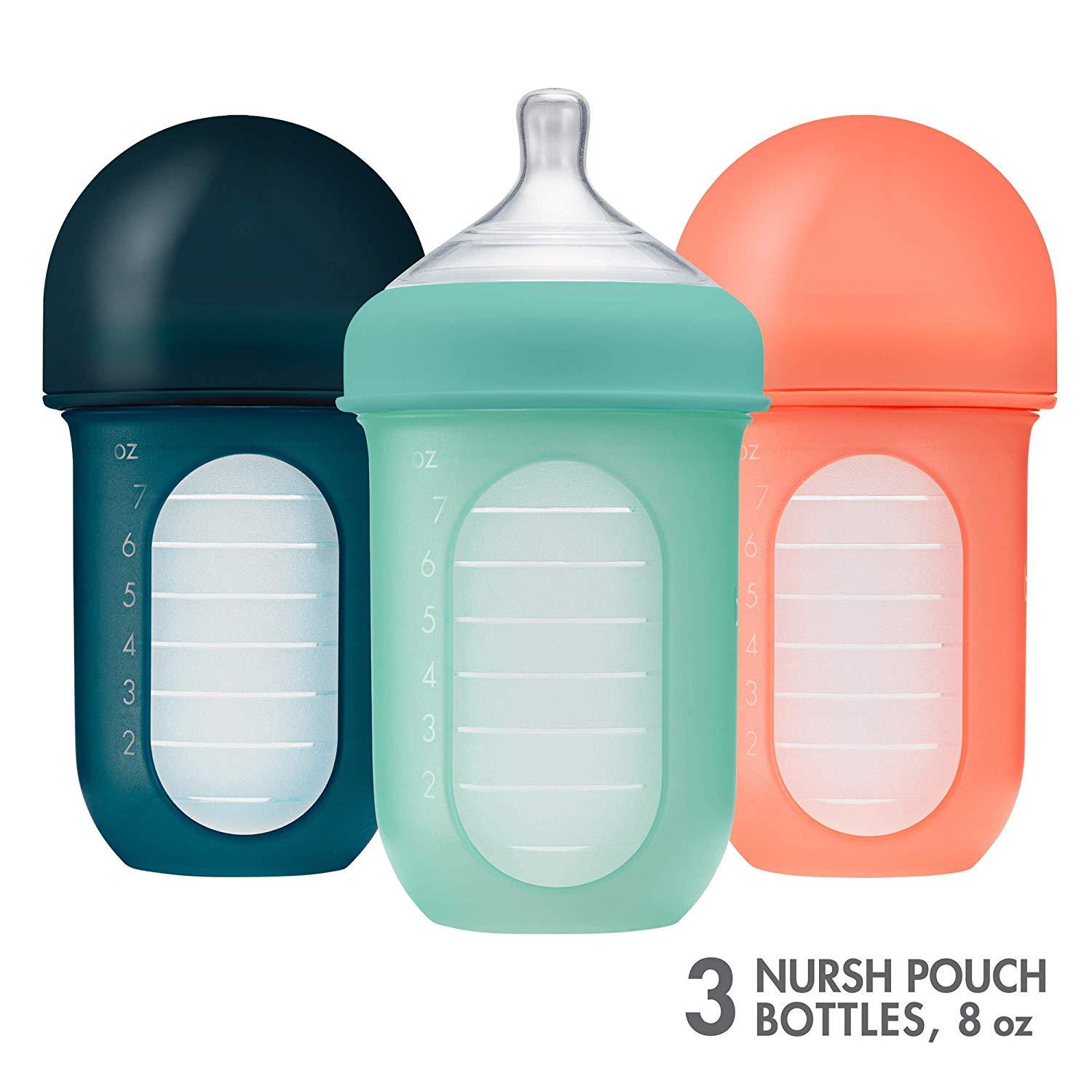 Boon NURSH Silicone Pouch Bottle 8 oz (3-Pack) - Mint/Cantaloupe/Navy-BOON-Little Giant Kidz