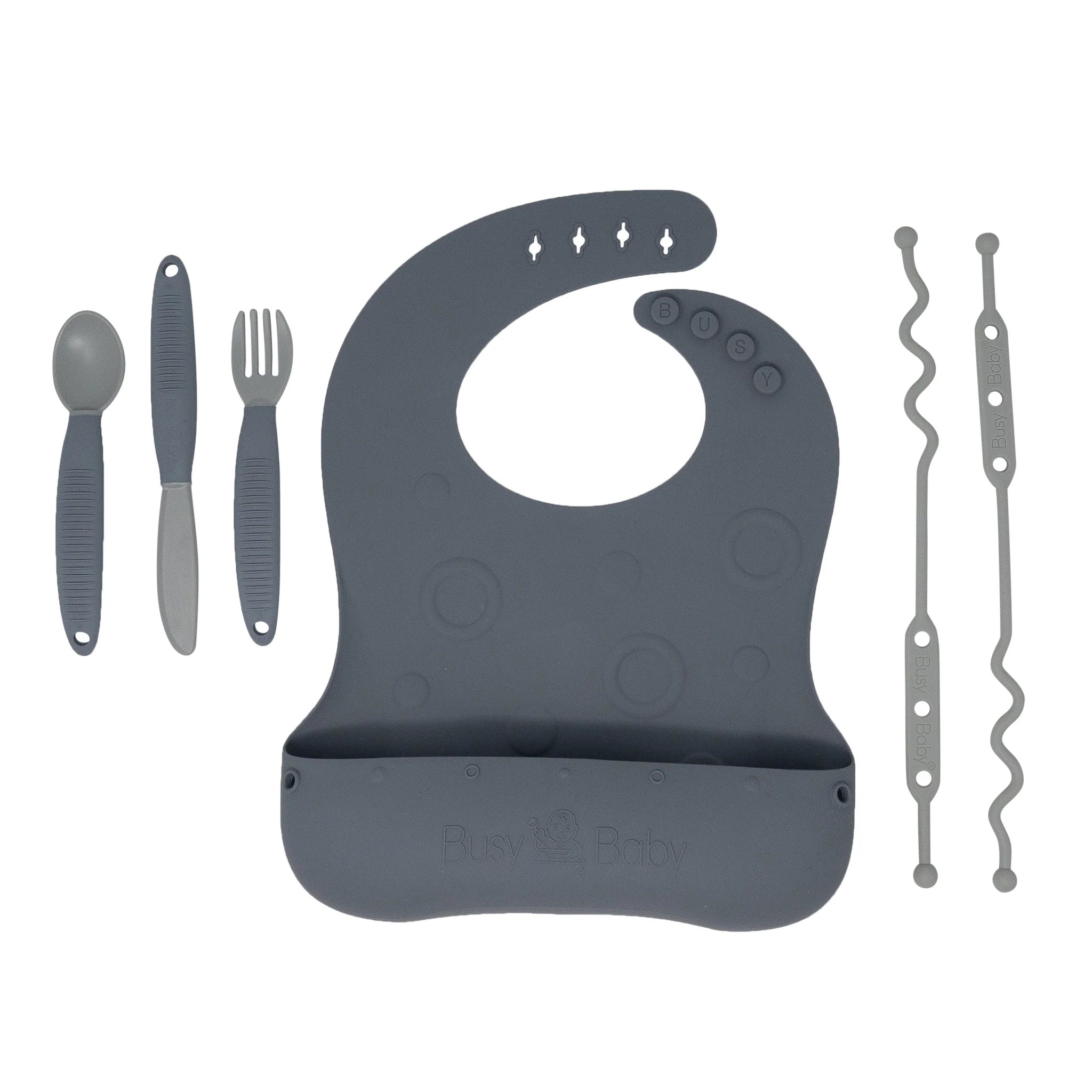 Busy Baby Bungee Bib, Utensil Set & Tether System - Pewter-BUSY BABY-Little Giant Kidz