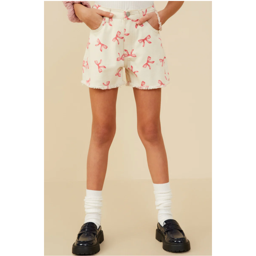 Hayden Girls Bow Printed Distressed Denim Shorts- Ivory-HAYDEN GIRLS-Little Giant Kidz