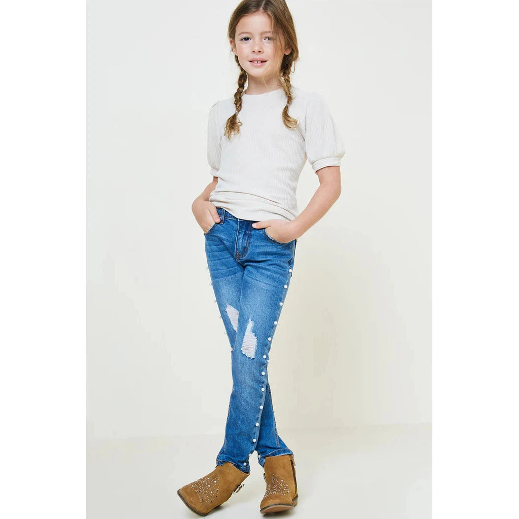 Hayden Girls Cream Ribbed Puff Sleeve Tee-HAYDEN GIRLS-Little Giant Kidz