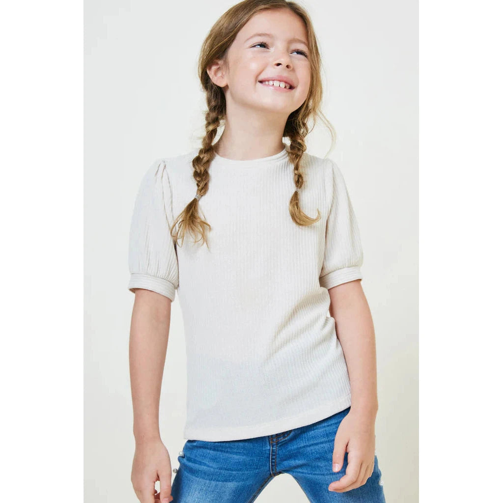 Hayden Girls Cream Ribbed Puff Sleeve Tee-HAYDEN GIRLS-Little Giant Kidz