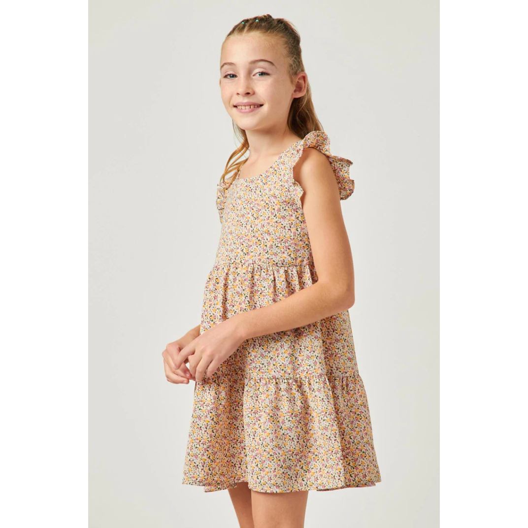 Hayden Girls Ditsy Floral Print Ruffle Detail Tiered Sleeveless Dress- Blush-HAYDEN GIRLS-Little Giant Kidz