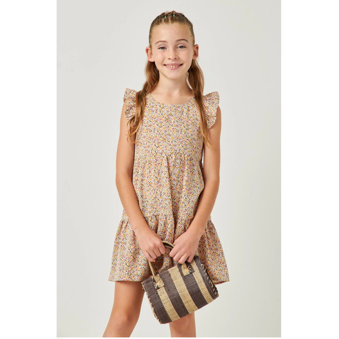 Hayden Girls Ditsy Floral Print Ruffle Detail Tiered Sleeveless Dress- Blush-HAYDEN GIRLS-Little Giant Kidz