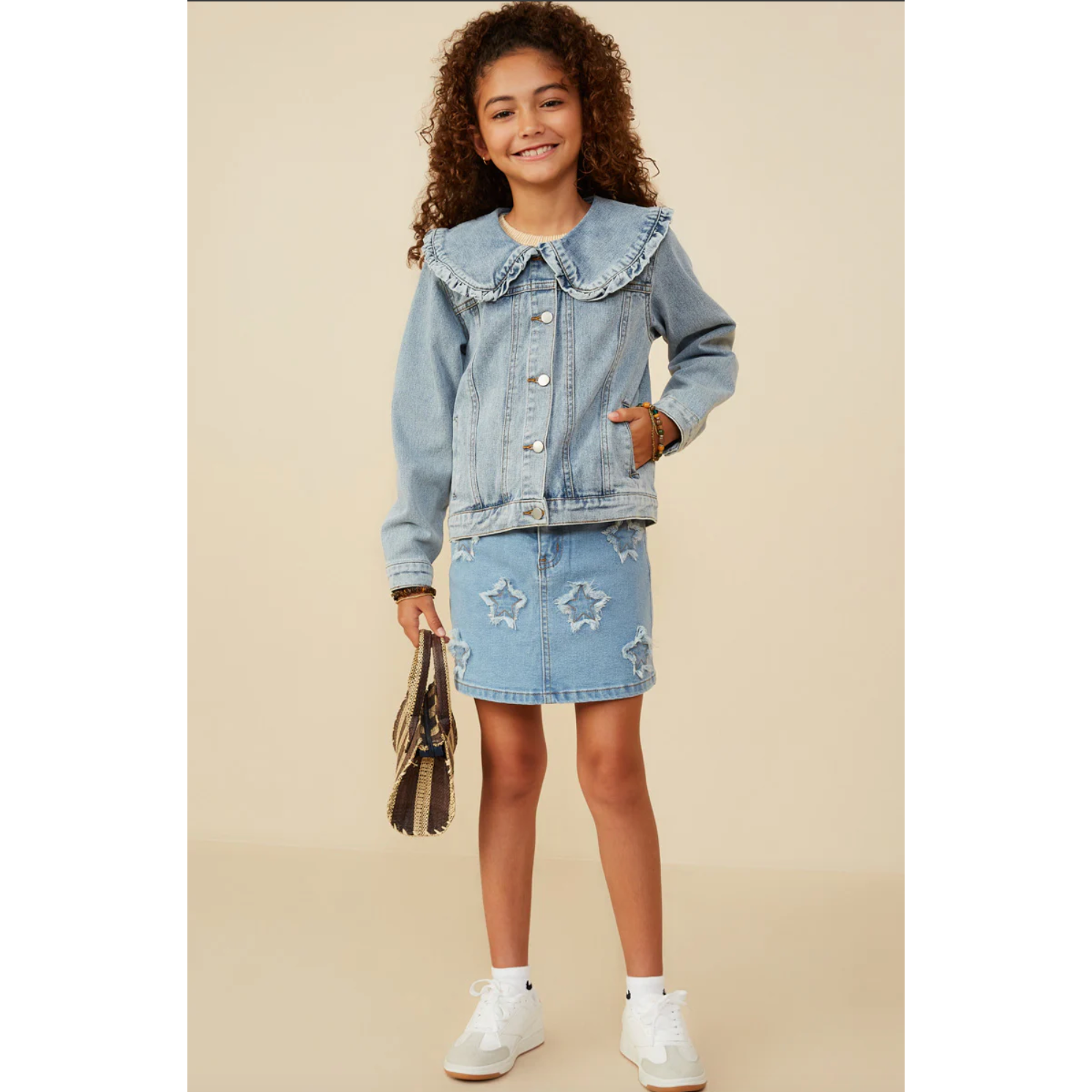 Hayden Girls Exaggerated Ruffle Collar Denim Jacket-HAYDEN GIRLS-Little Giant Kidz