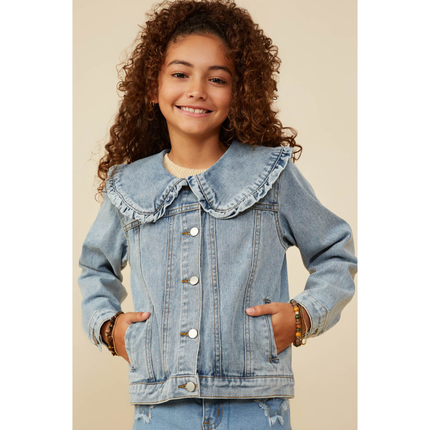 Hayden Girls Exaggerated Ruffle Collar Denim Jacket-HAYDEN GIRLS-Little Giant Kidz