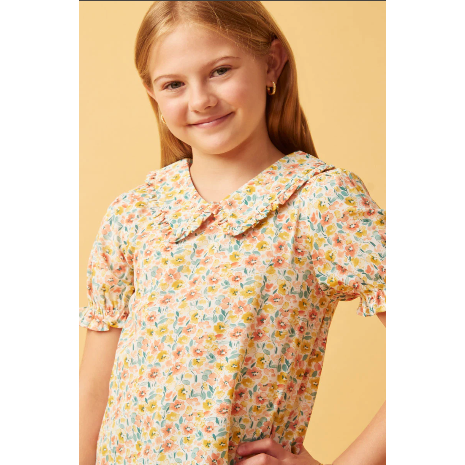 Hayden Girls Floral Ruffle Collar Cinch Sleeve Top-HAYDEN GIRLS-Little Giant Kidz