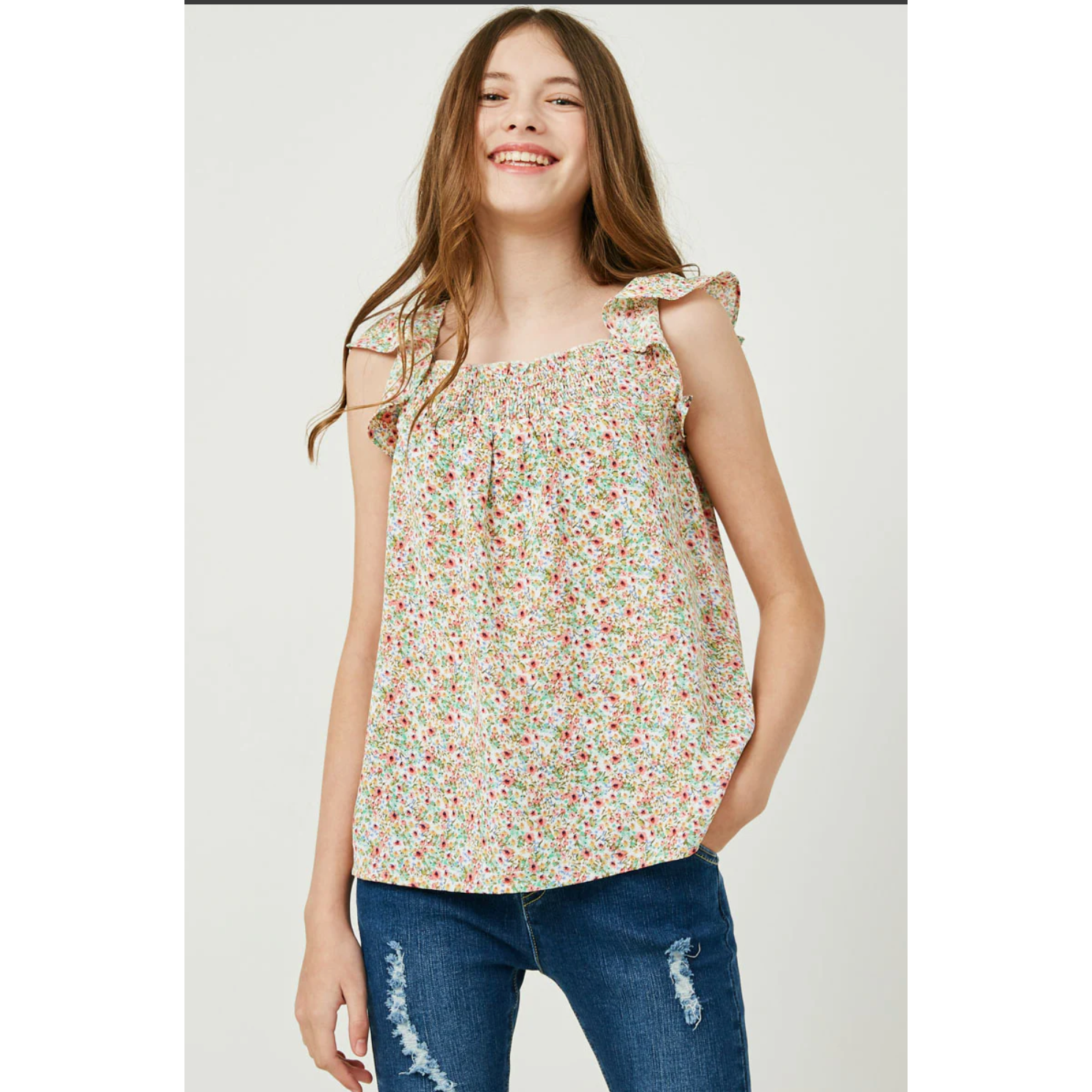 Hayden Girls Floral Smocked Ruffle Detail Tank-HAYDEN GIRLS-Little Giant Kidz