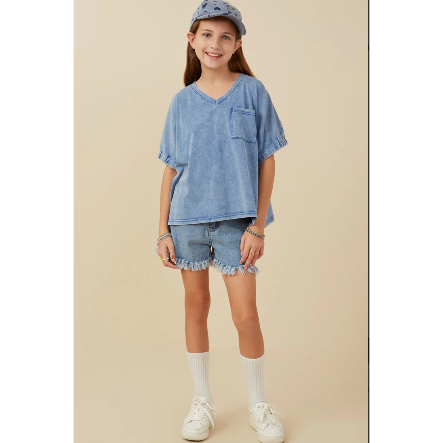 Hayden Girls Garment Washed V Neck Elastic Sleeve T Shirt-HAYDEN GIRLS-Little Giant Kidz