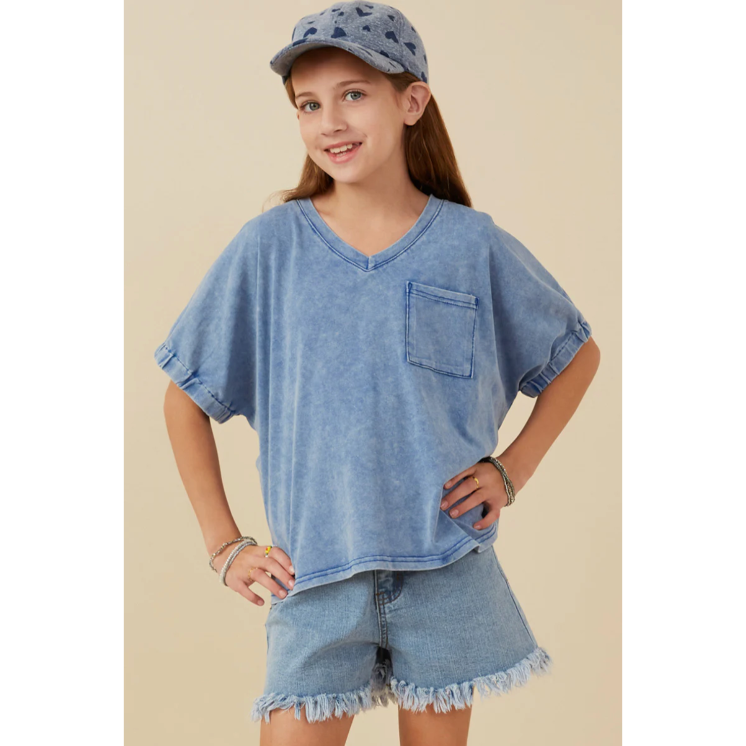 Hayden Girls Garment Washed V Neck Elastic Sleeve T Shirt-HAYDEN GIRLS-Little Giant Kidz