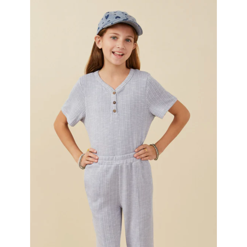 Hayden Girls Rib Knit Marled Henley-Blue-HAYDEN GIRLS-Little Giant Kidz