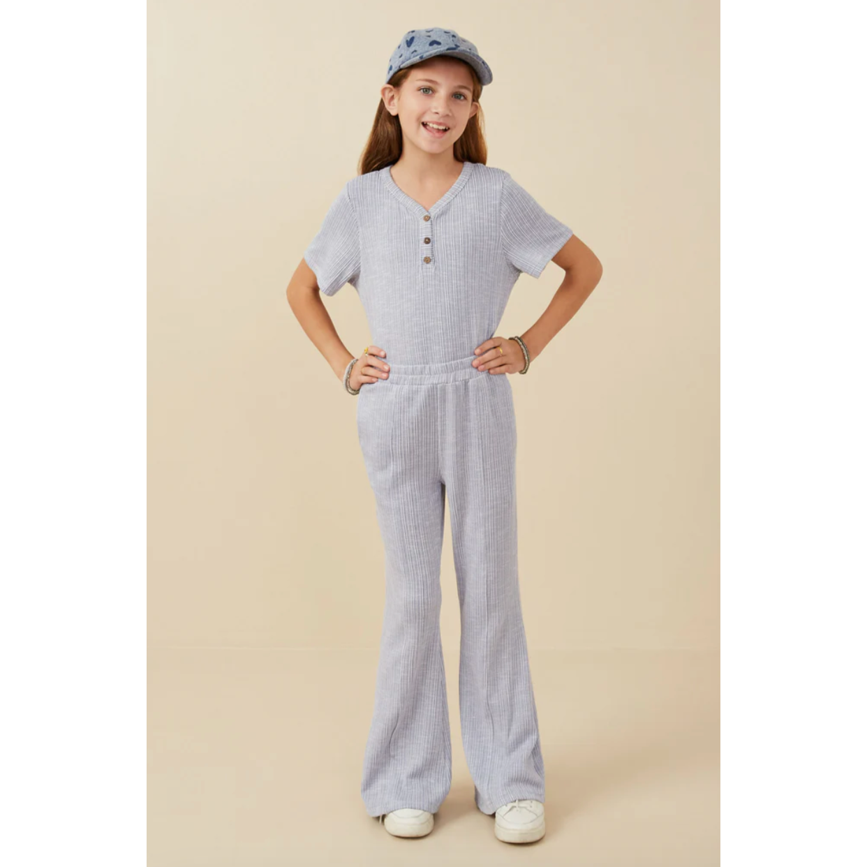 Hayden Girls Rib Knit Marled Henley Wide Leg Pants-Blue-HAYDEN GIRLS-Little Giant Kidz