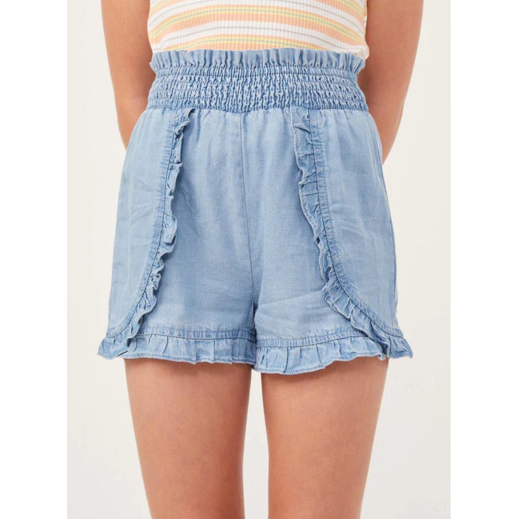 Hayden Girls Tencel Smocked Waist Ruffled Shorts- Light Denim-HAYDEN GIRLS-Little Giant Kidz