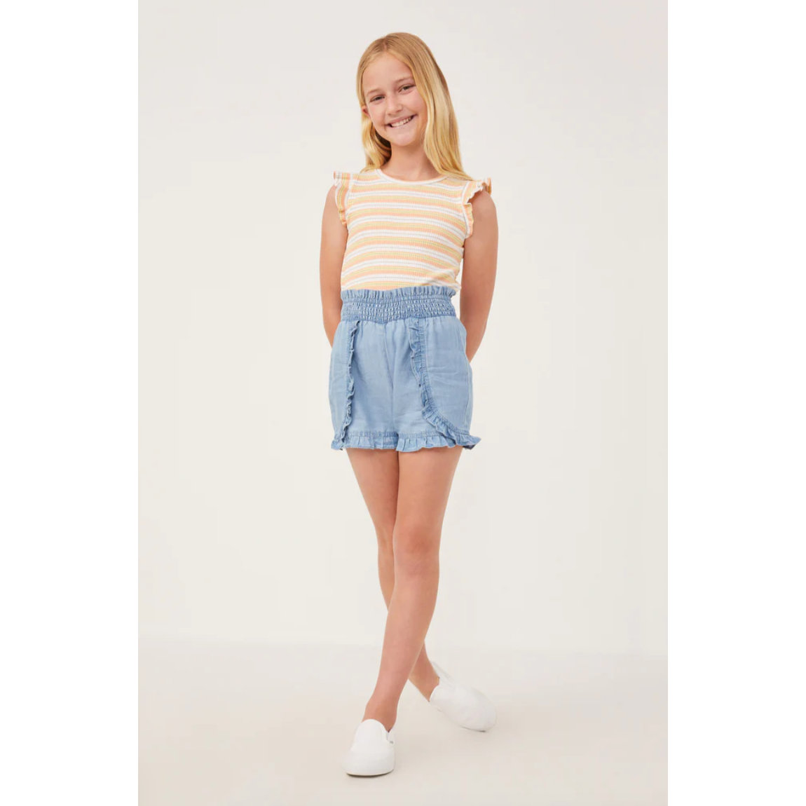 Hayden Girls Tencel Smocked Waist Ruffled Shorts- Light Denim-HAYDEN GIRLS-Little Giant Kidz