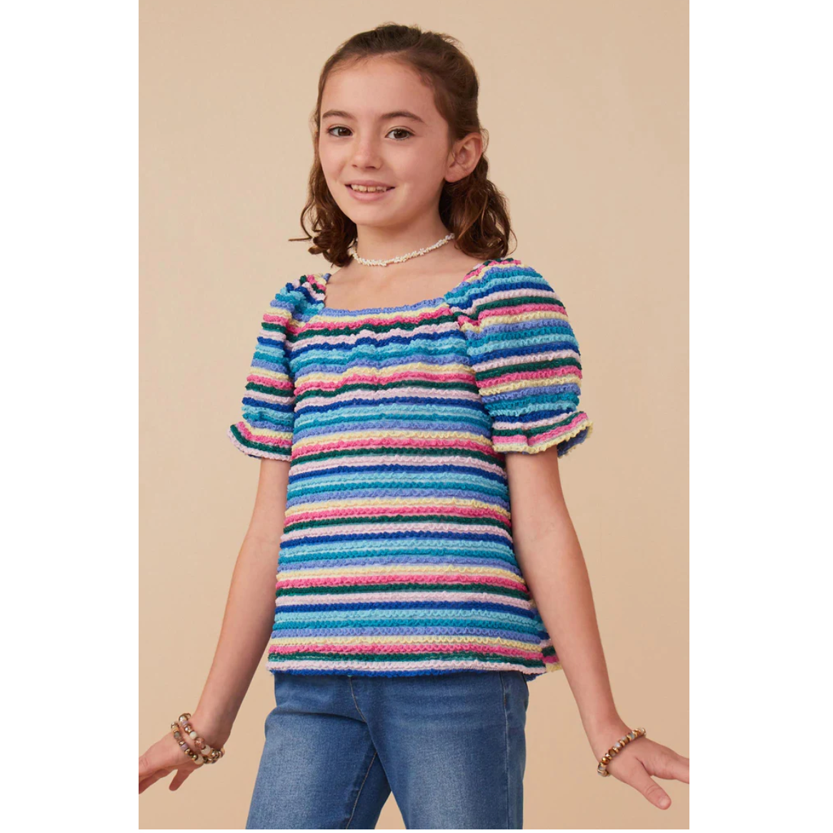 Hayden Girls Textured Frill Striped T Shirt-HAYDEN GIRLS-Little Giant Kidz