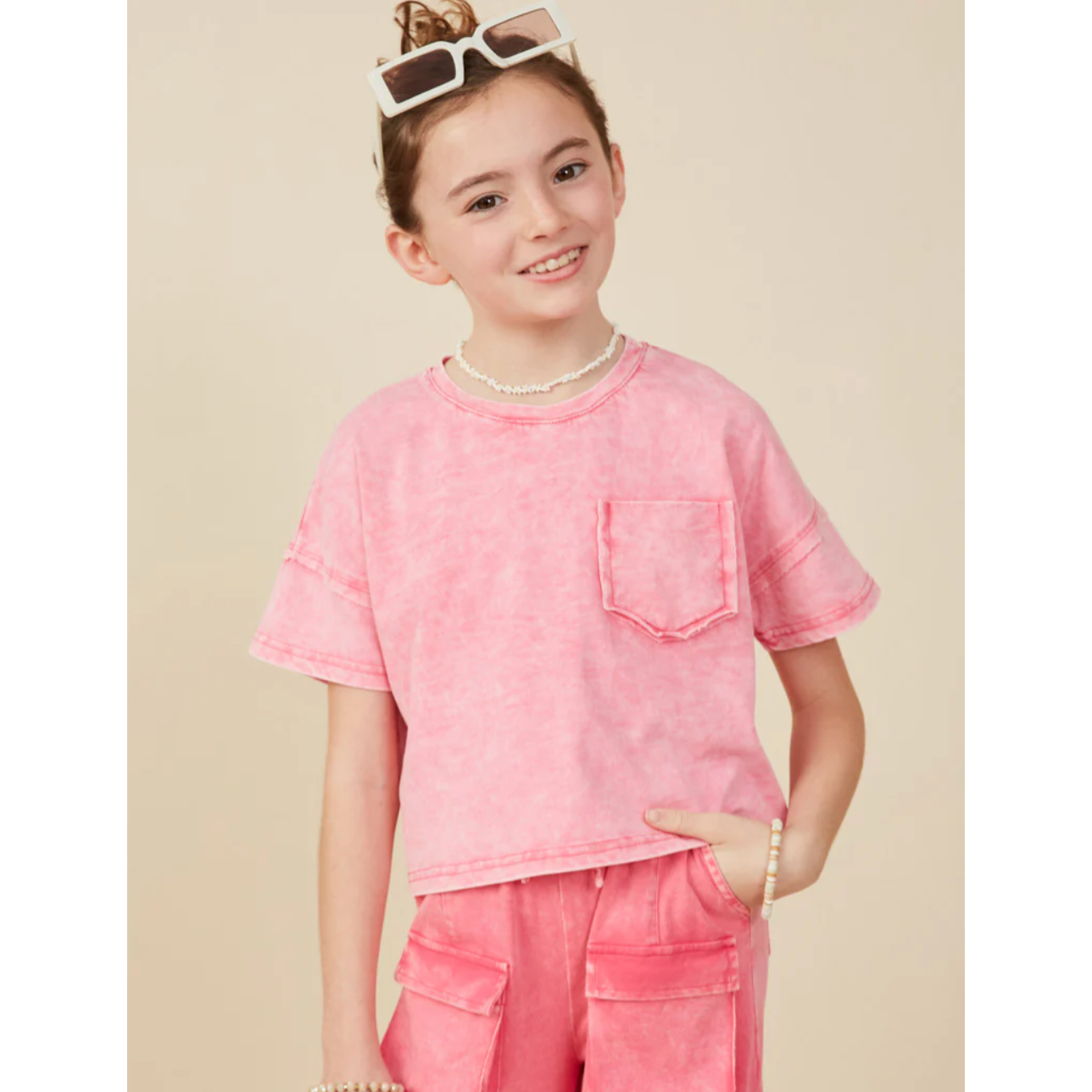 Hayden Girls Washed Raw Edge Detailed Pocket T Shirt-Pink-HAYDEN GIRLS-Little Giant Kidz