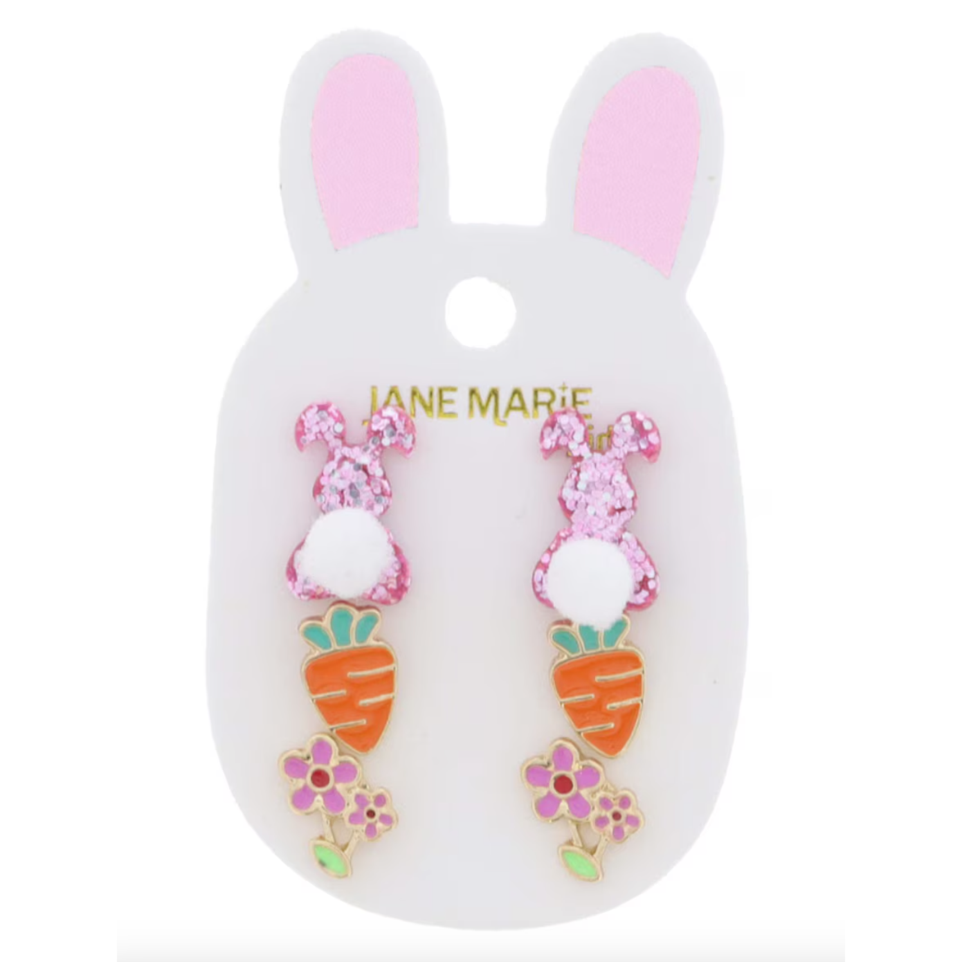 Jane Marie 3 Stud Set Earrings- Pink Glitter Bunny With White Pom Tail, Enamel Carrot, Multi Enamel Flowers-JANE MARIE-Little Giant Kidz