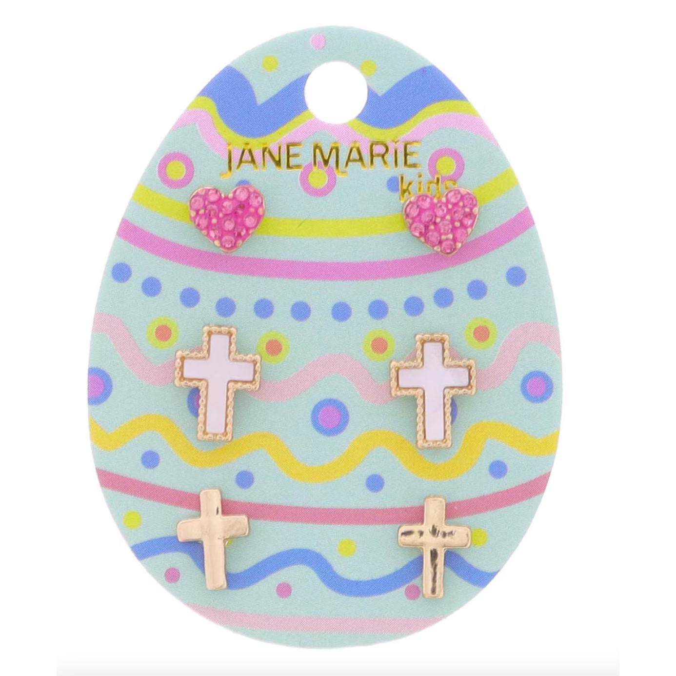 Jane Marie 3 Stud Set- Hot Pink Pave Crystal Heart, Shell Inlay Cross, Gold Cross-JANE MARIE-Little Giant Kidz