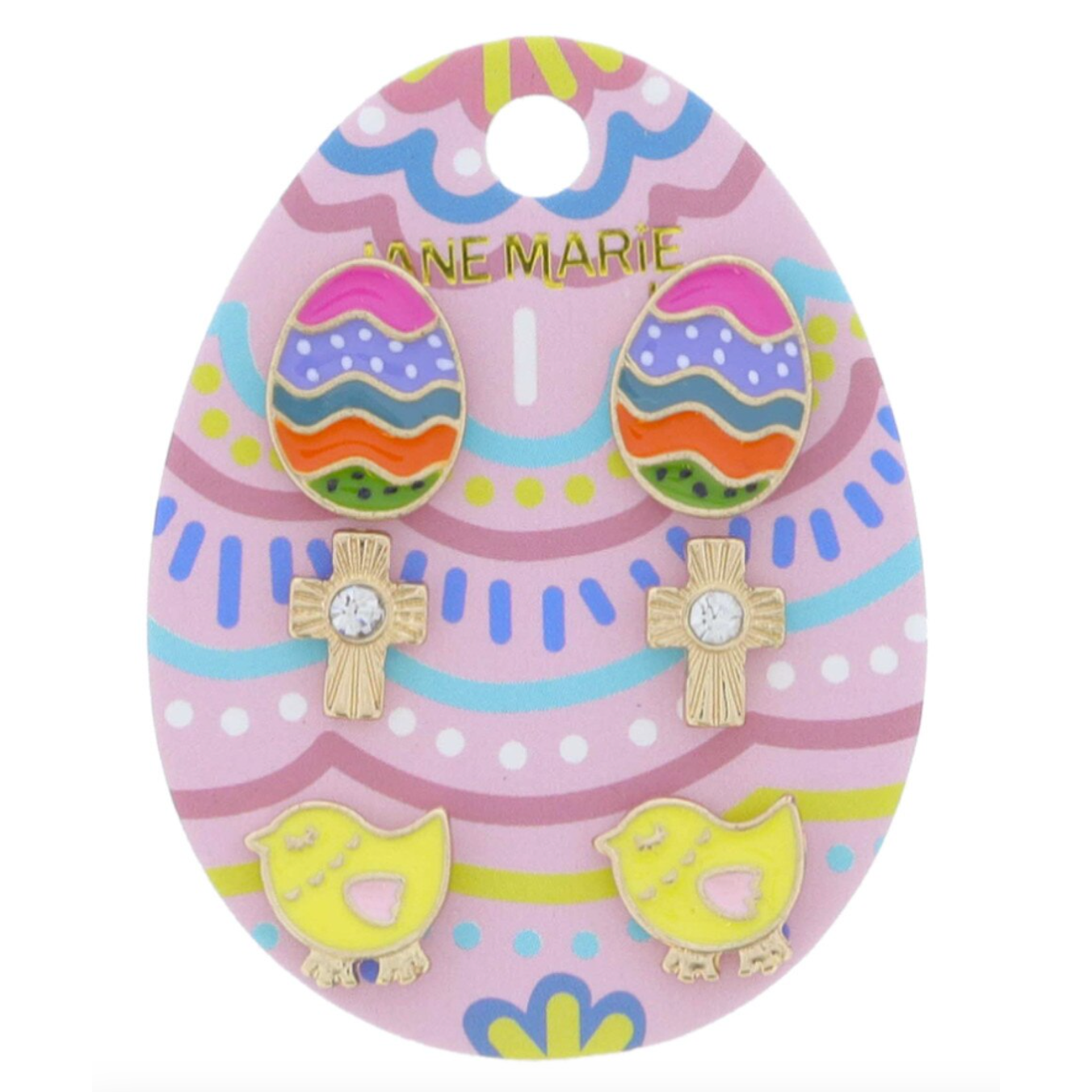 Jane Marie 3 Stud Set- Multi Enamel Easter Egg, Gold Starburst Cross with Center Crystal, Enamel Chick-JANE MARIE-Little Giant Kidz