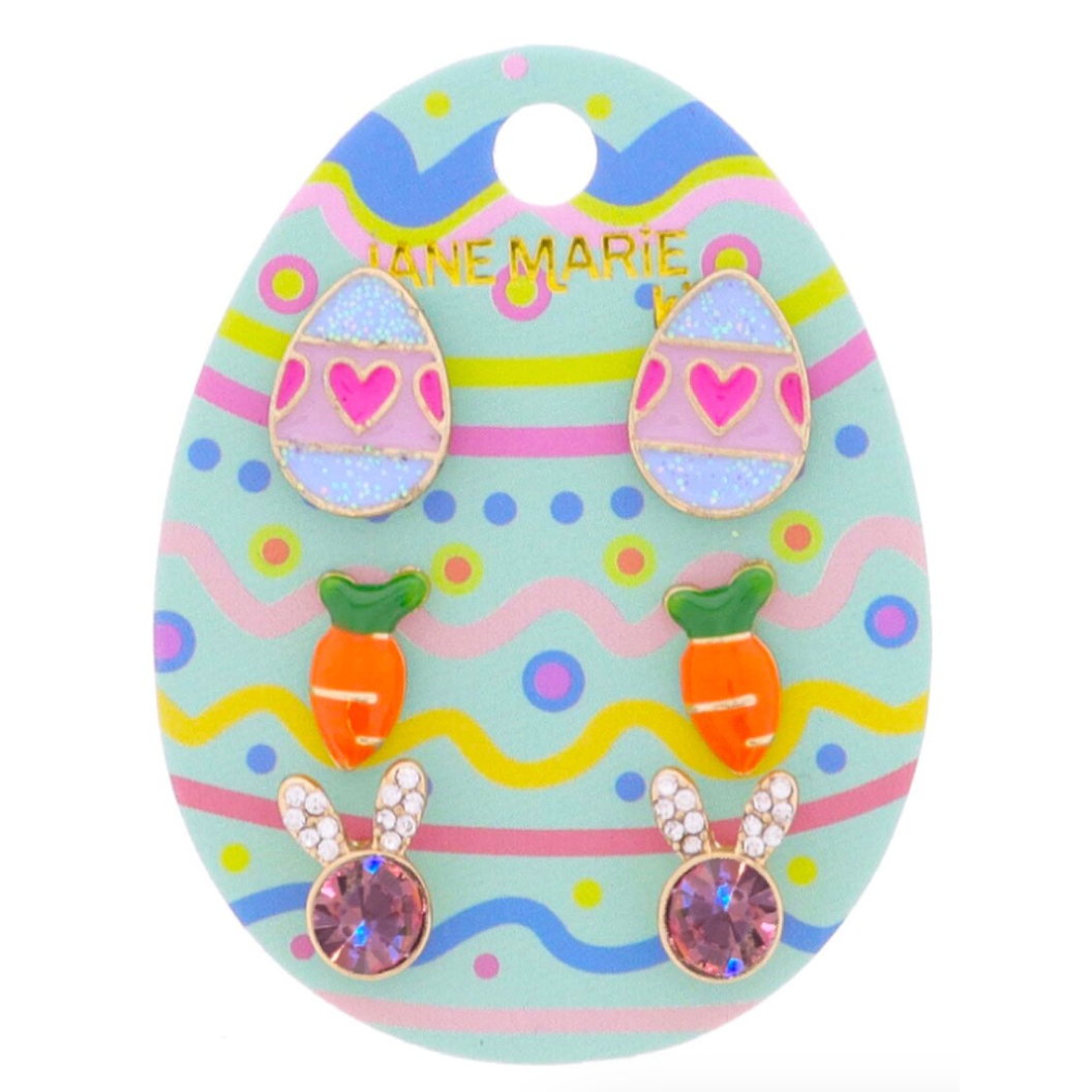 Jane Marie 3 Stud Set- Multi Pink and Glitter Periwinkle Enamel Easter Egg, Enamel Carrot, Crystal Pave Ears, and Light Pink Crystal Bunny Head-JANE MARIE-Little Giant Kidz