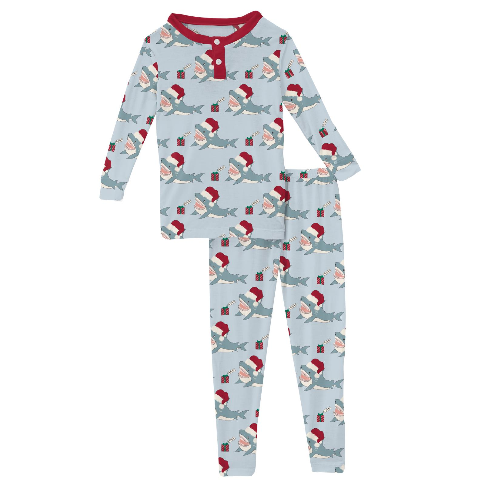 Kickee Pants Illusion Blue Holiday Sharks Print Long Sleeve Henley Pajama Set-Kickee Pants-Little Giant Kidz