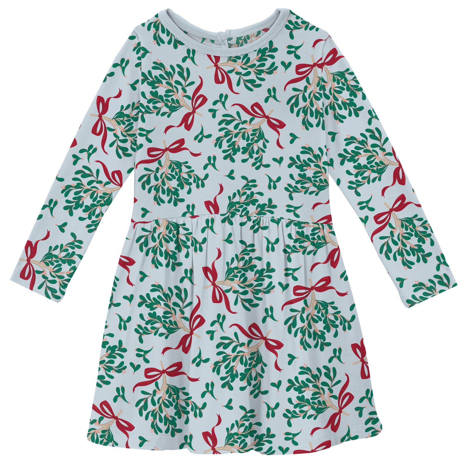 Kickee Pants Illusion Blue Mistletoe & Ribbons Print Long Sleeve Twirl Dress with Pockets-Kickee Pants-Little Giant Kidz