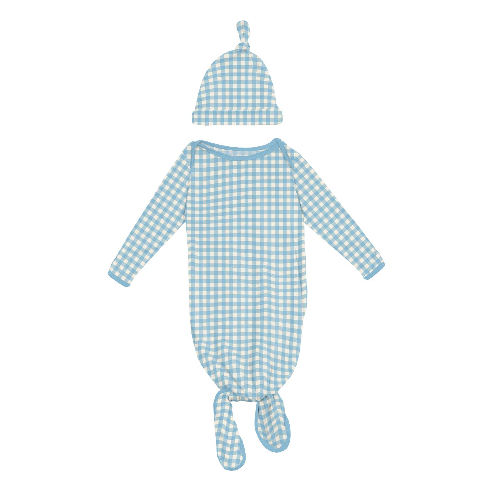 Kickee Pants Layette Knotted Gown and Hat Set- Seaside Blue Gingham-Kickee Pants-Little Giant Kidz