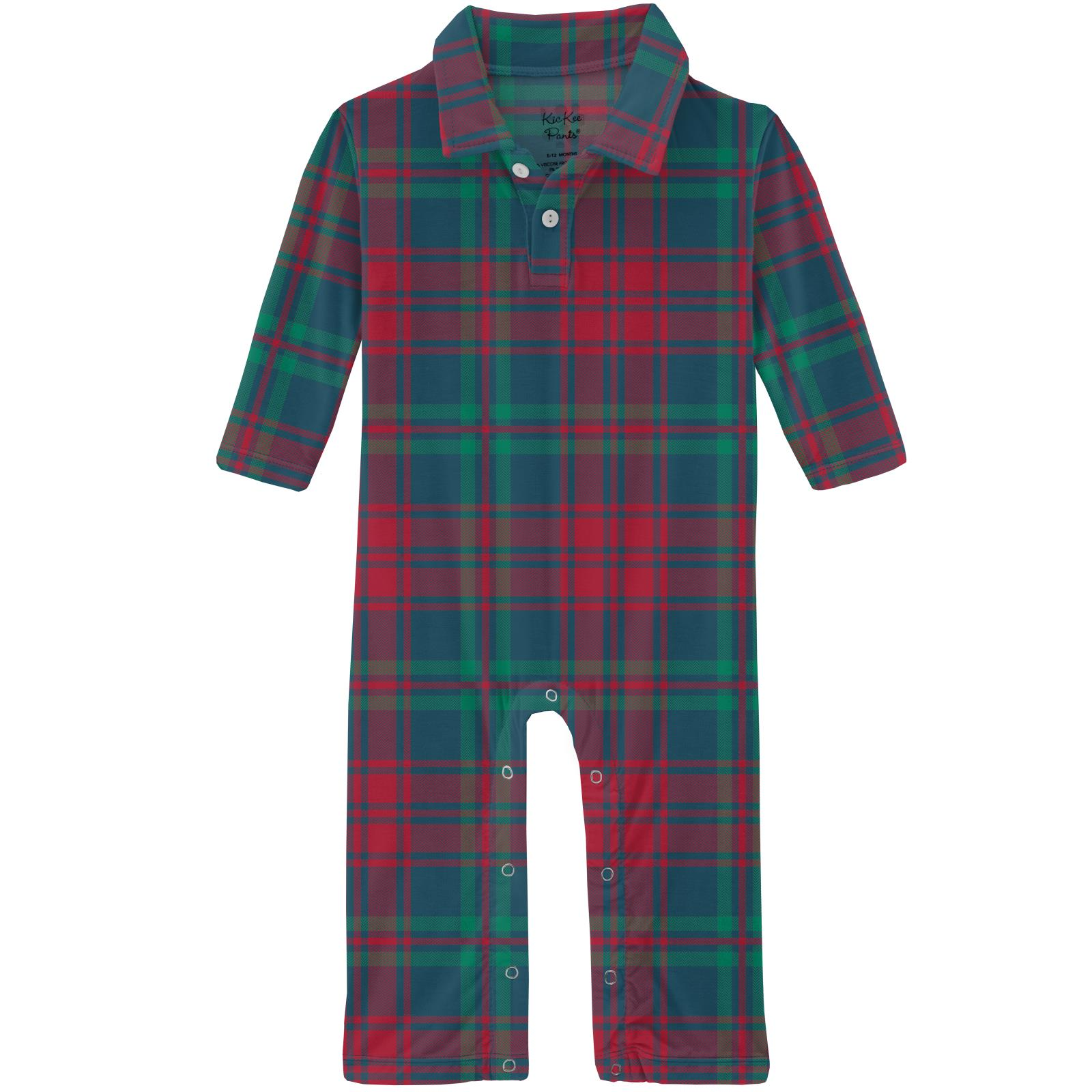 Kickee Pants Peacock Plaid Print Long Sleeve Polo Romper-Kickee Pants-Little Giant Kidz