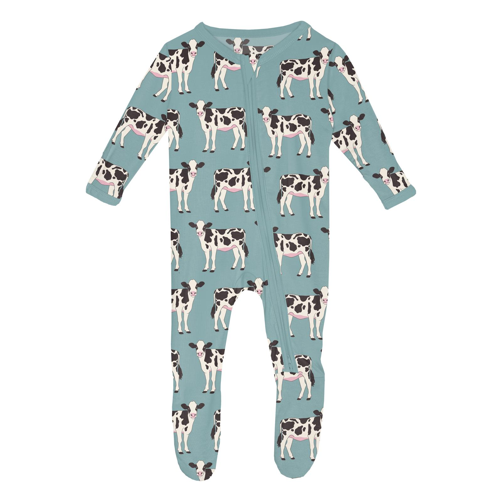 Kickee Pants Print Classic Footie with 2 Way Zipper- Jade Cows-Kickee Pants-Little Giant Kidz