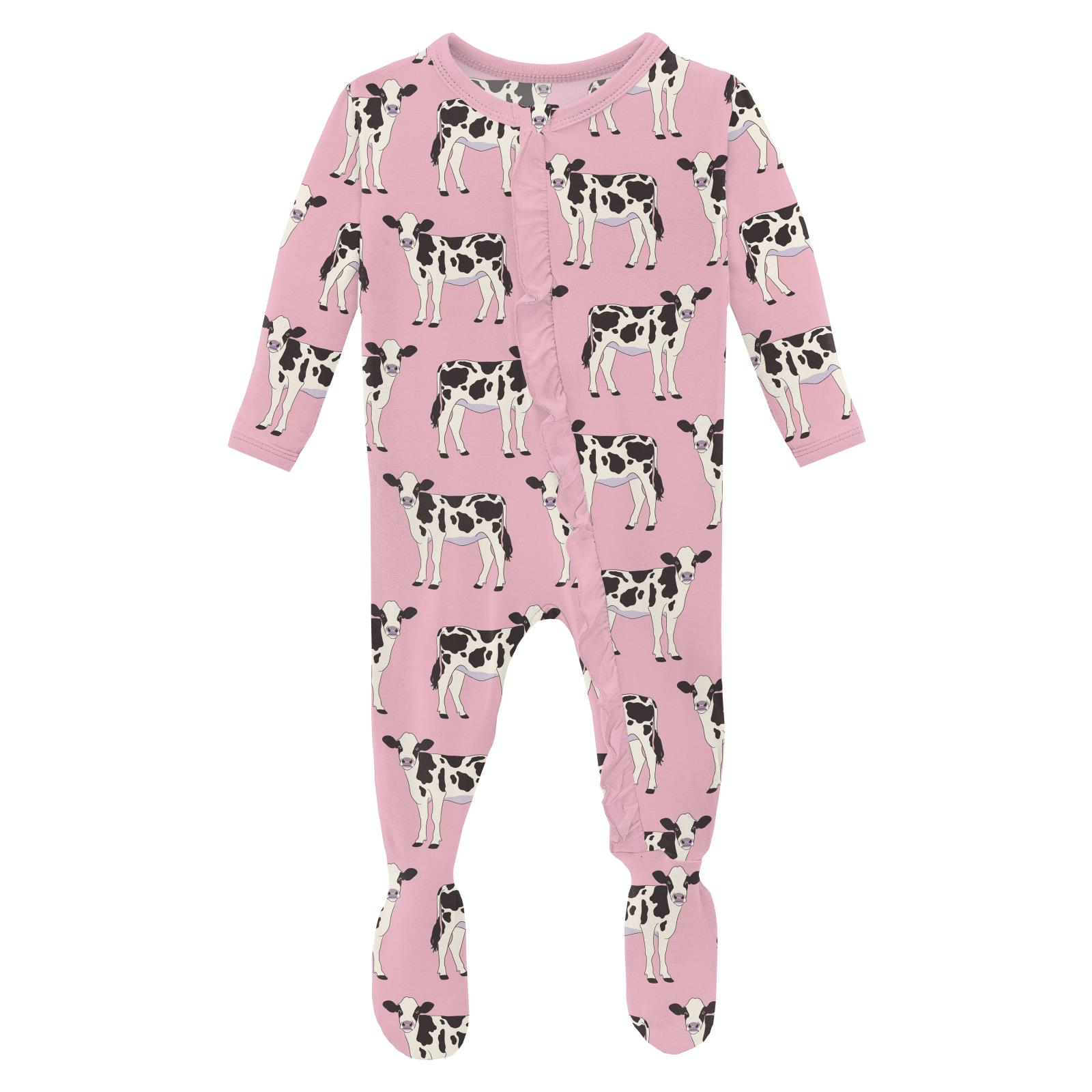 Kickee Pants Print Classic Ruffle Footie with 2 Way Zipper- Cake Pop Cows-Kickee Pants-Little Giant Kidz