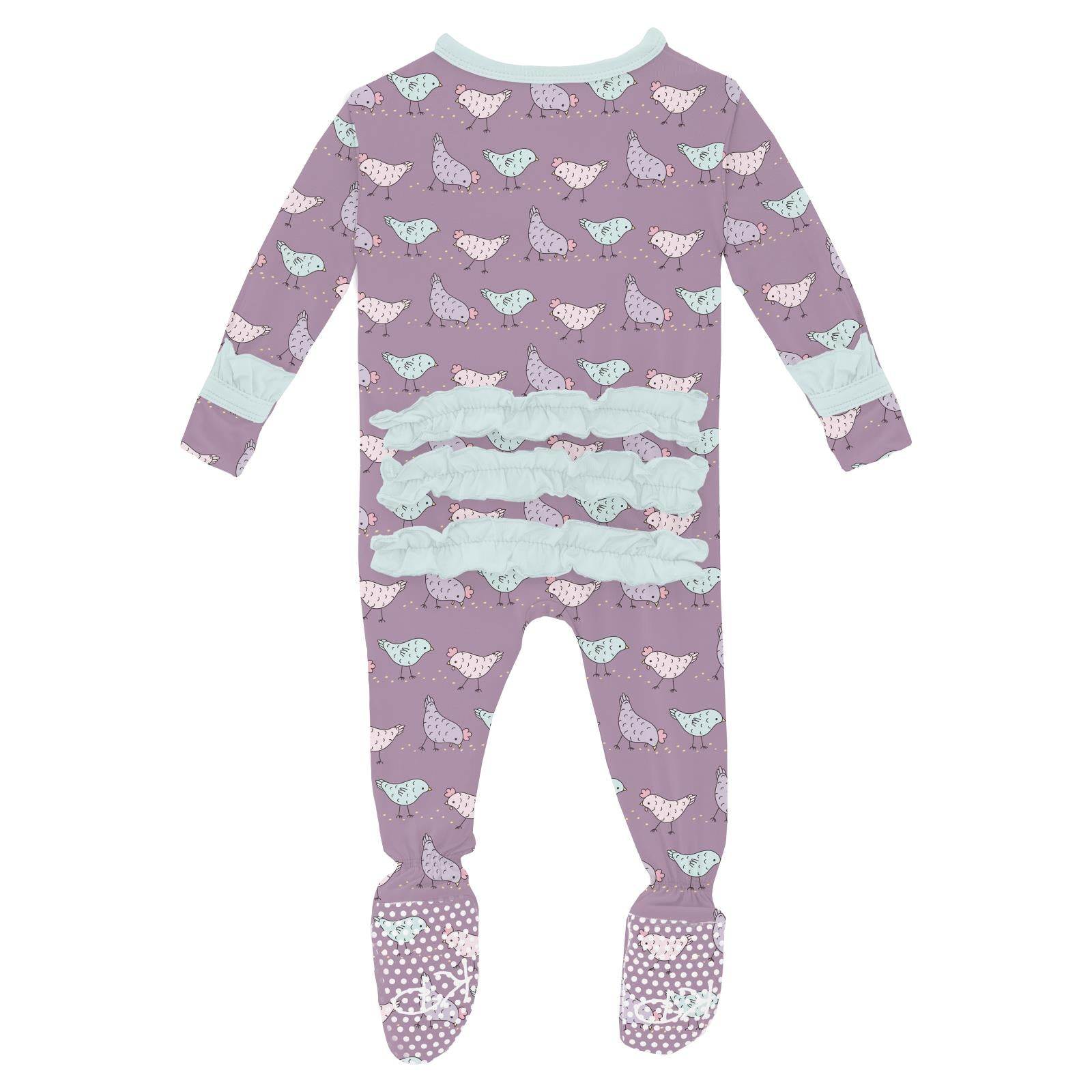 Kickee Pants Print Classic Ruffle Footie with 2 Way Zipper- Lavender Chickens-Kickee Pants-Little Giant Kidz