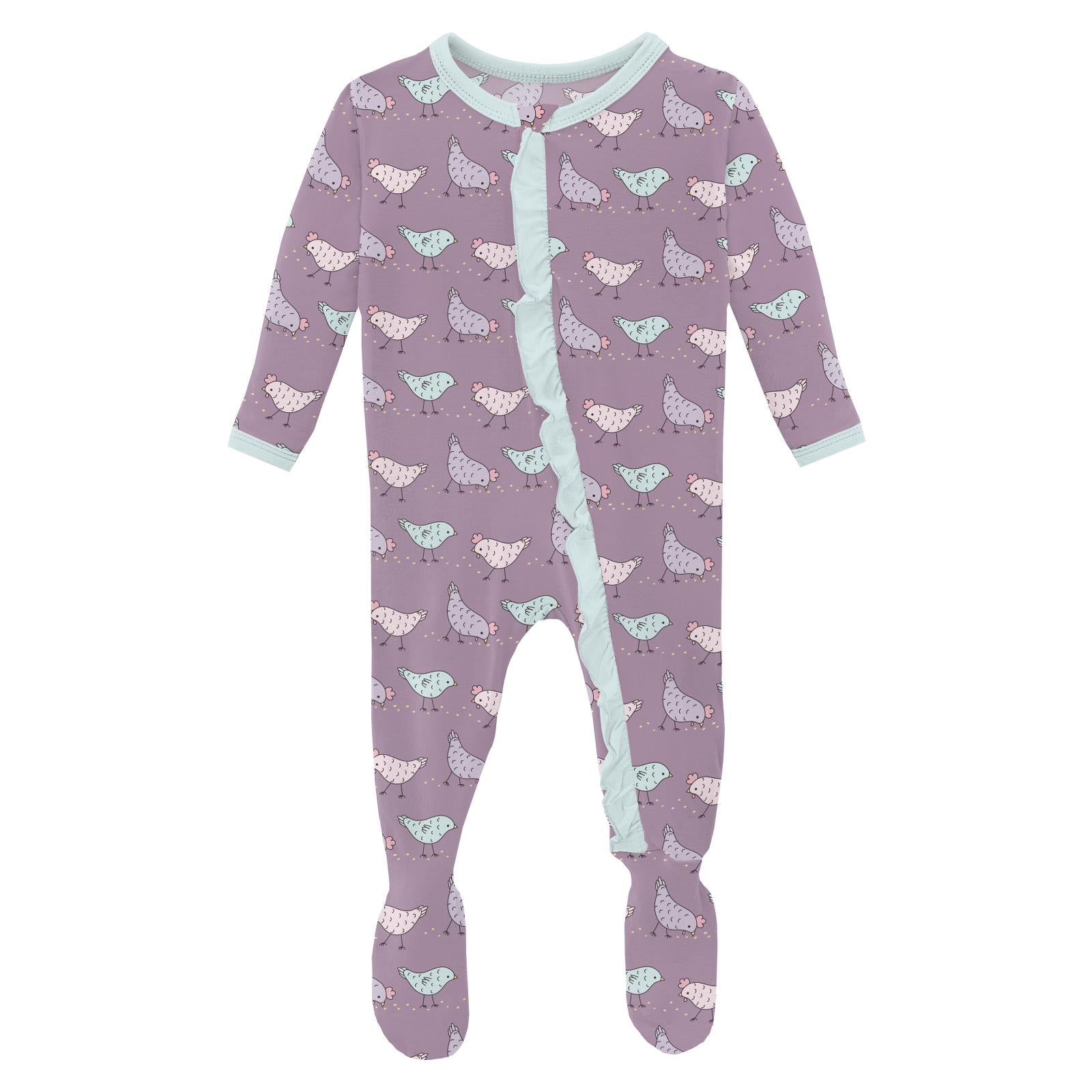 Kickee Pants Print Classic Ruffle Footie with 2 Way Zipper- Lavender Chickens-Kickee Pants-Little Giant Kidz