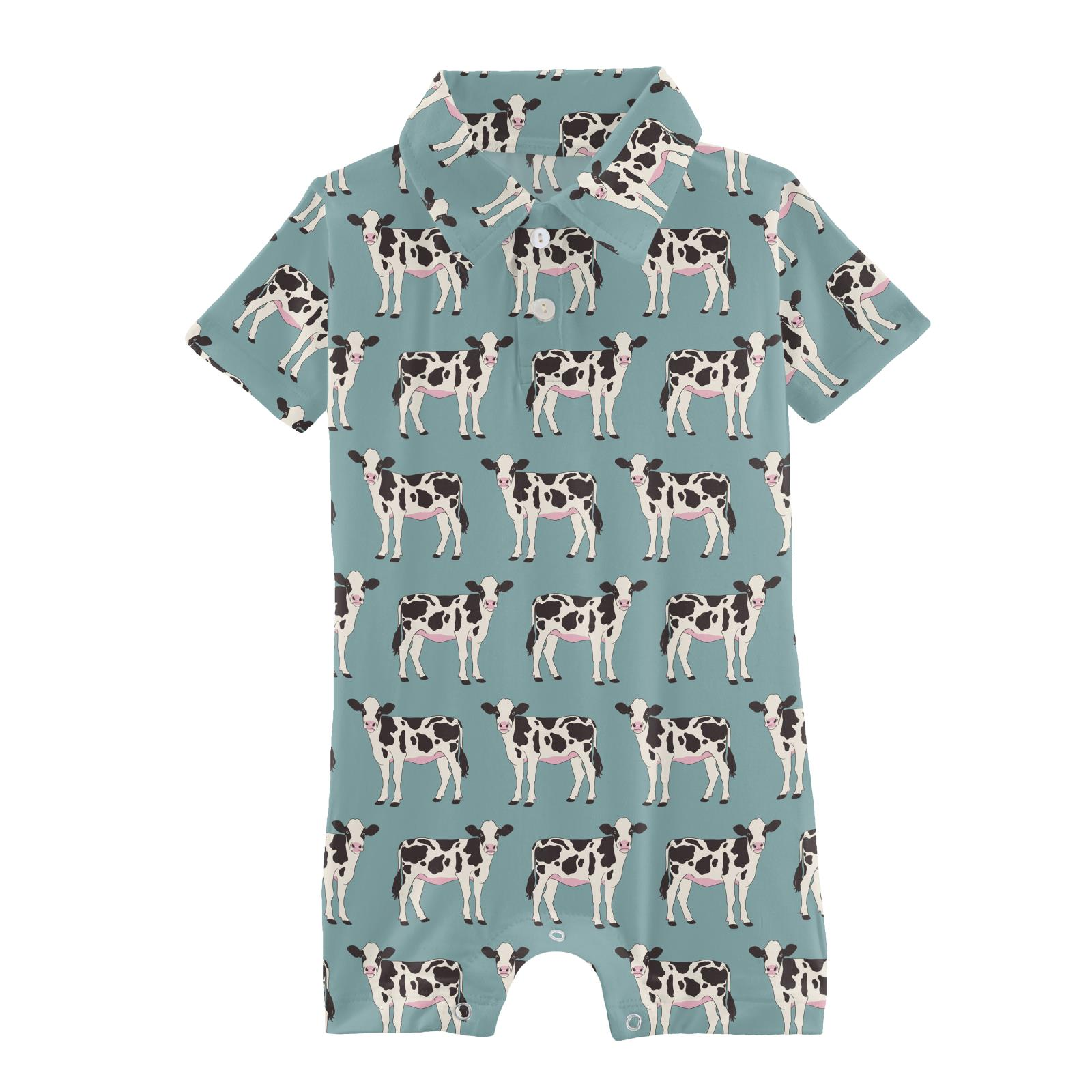 Kickee Pants Short Sleeve Polo Romper- Jade Cows-Kickee Pants-Little Giant Kidz