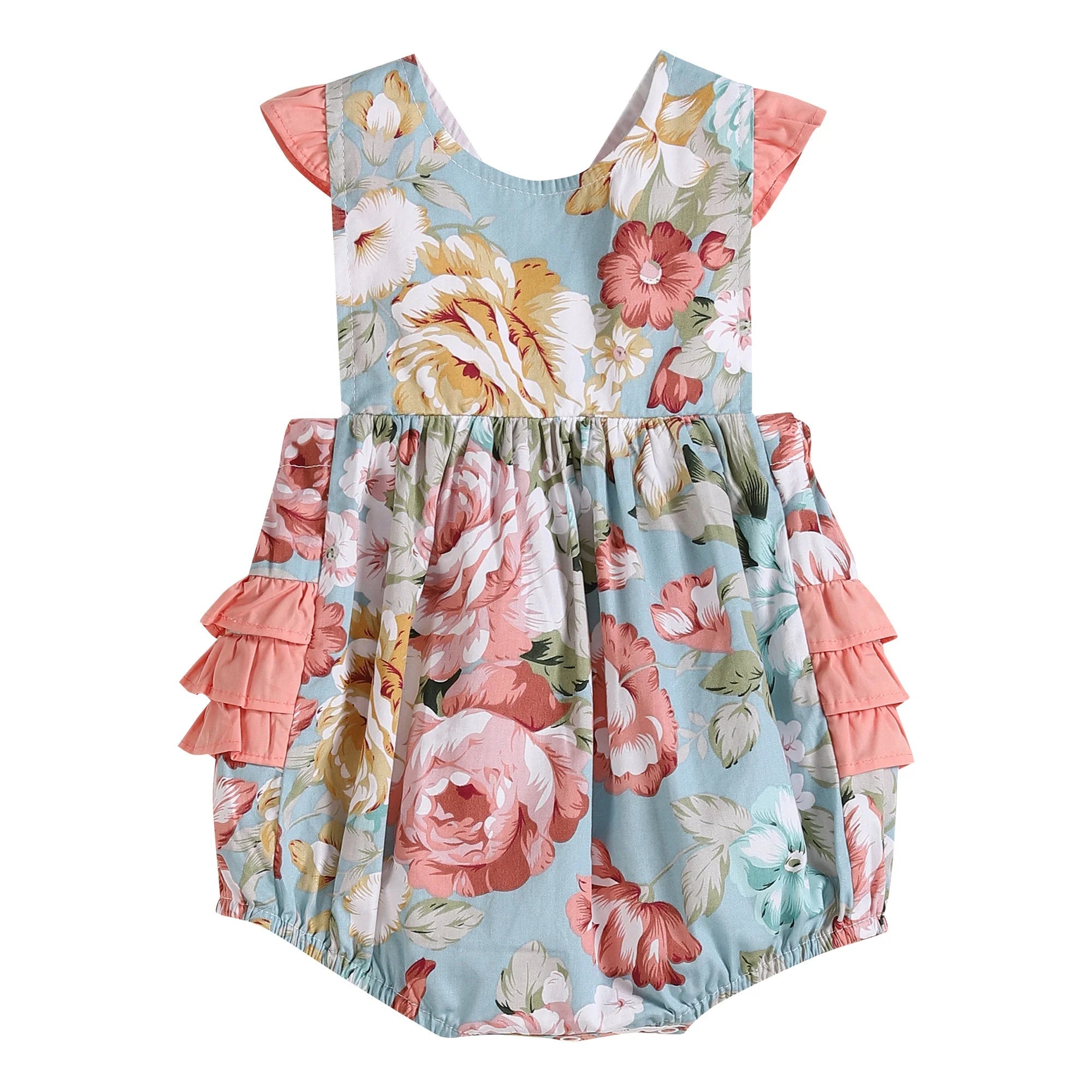 Lil Cactus Pink and Blue Floral Print Ruffle Romper-Lil Cactus-Little Giant Kidz