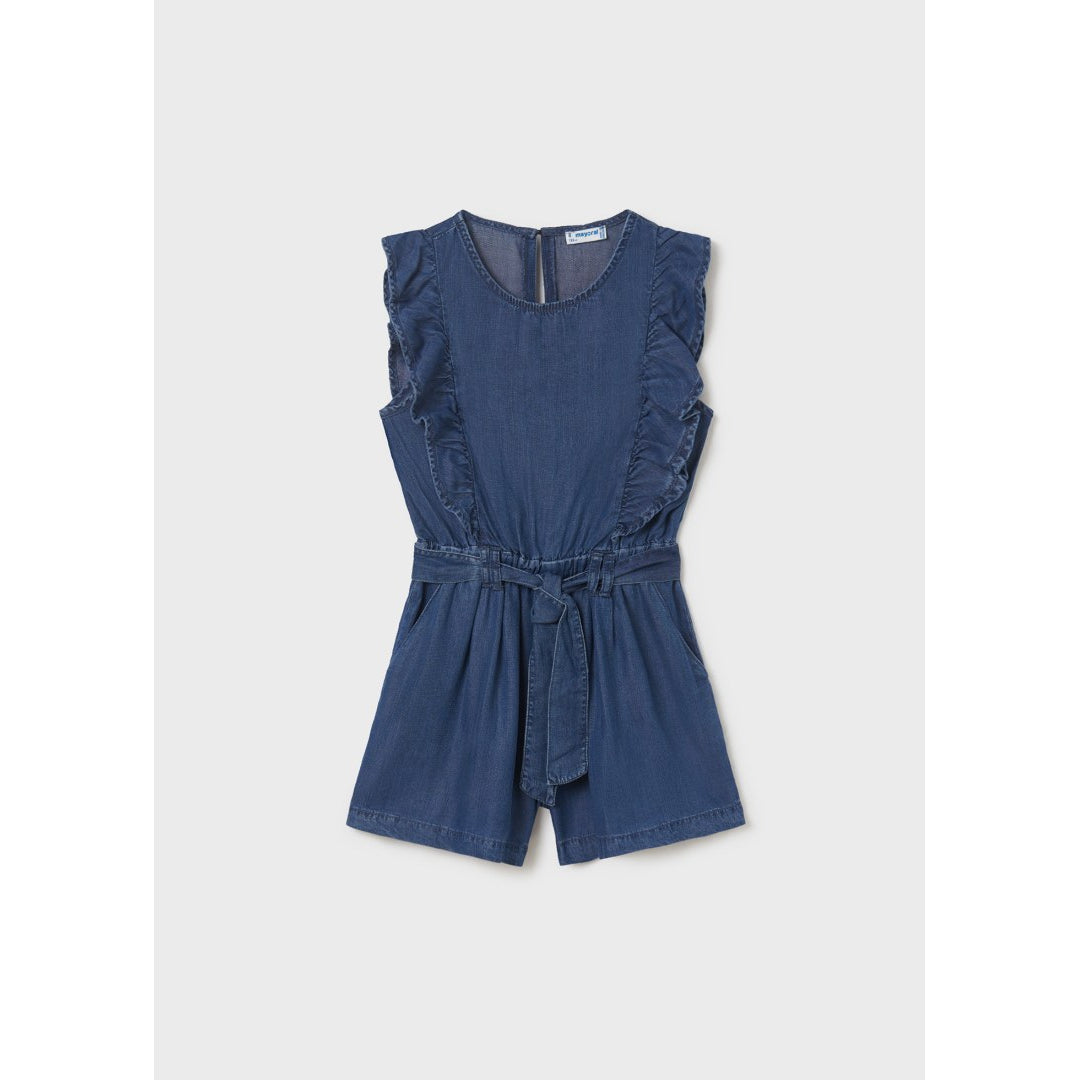 Mayoral Medium Wash Ruffled Denim Romper-MAYORAL-Little Giant Kidz