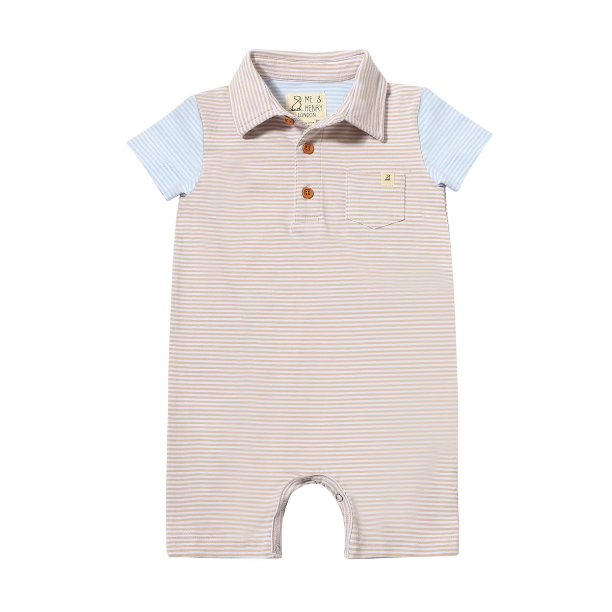 Me & Henry Saltash Polo Romper-Beige with Sky Arms-ME & HENRY-Little Giant Kidz