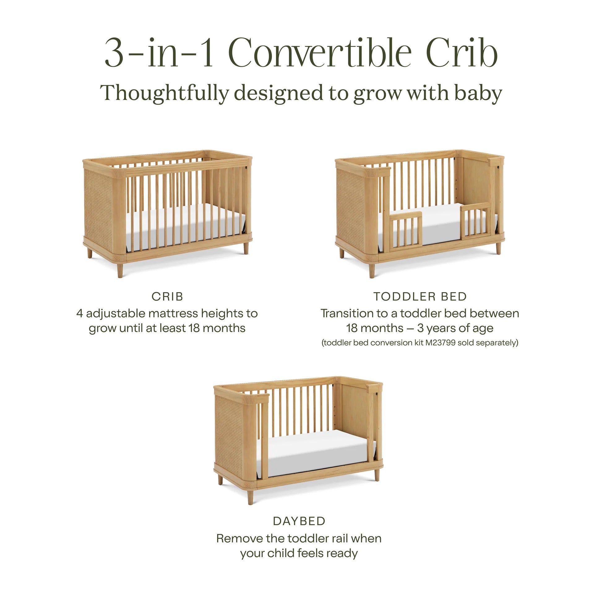 Namesake Marin with Cane 3-in-1 Convertible Crib - Honey & Honey Cane-NAMESAKE-Little Giant Kidz