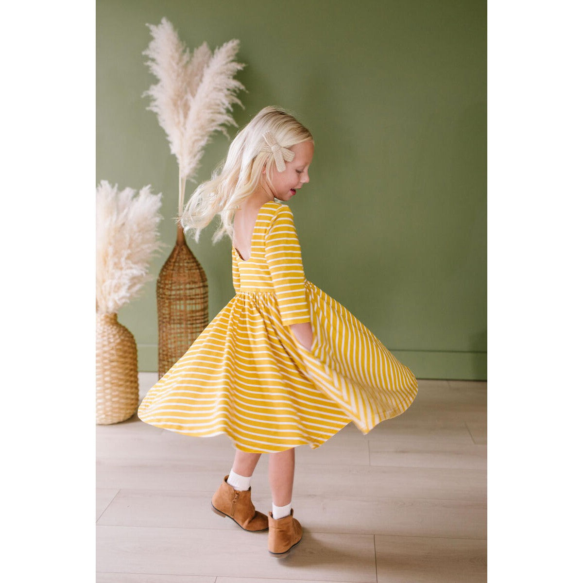 Ollie Jay Mustard Stripe Emile Twirl Dress-Ollie Jay-Little Giant Kidz