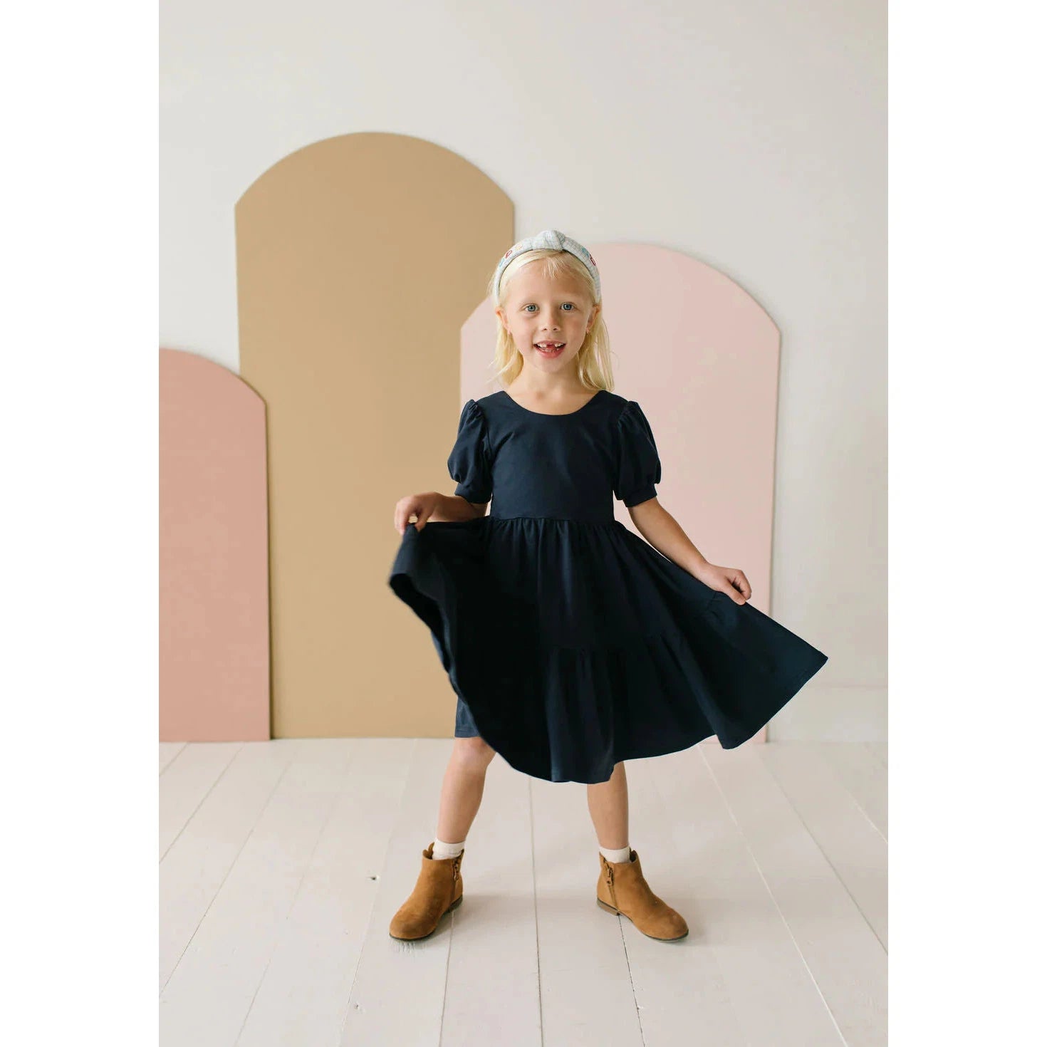 Ollie Jay Navy Puff Twirl Dress-Ollie Jay-Little Giant Kidz