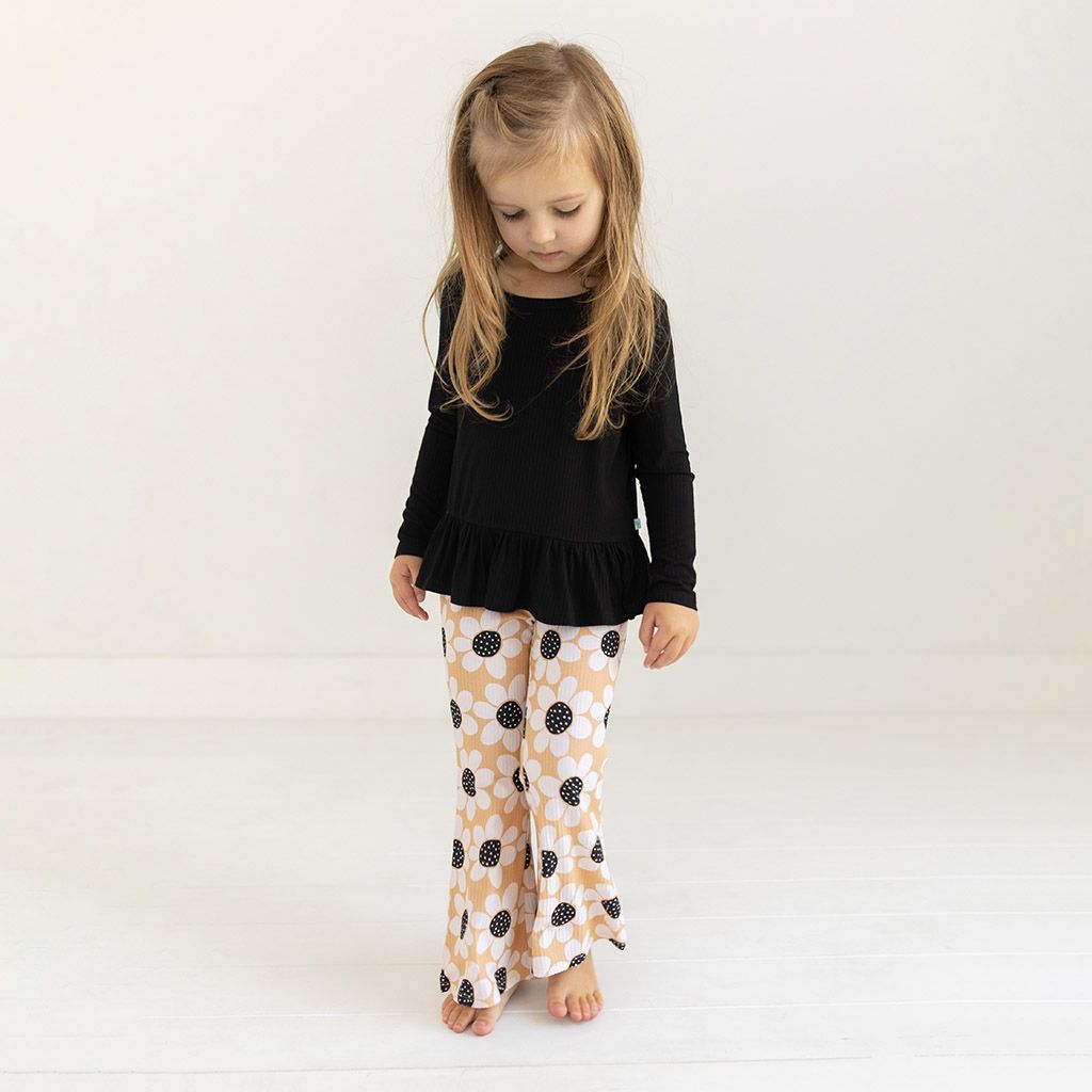 2-piece Toddler Girl Ruffled Long-sleeve Black Top and Leopard Print Skirt Pants Set