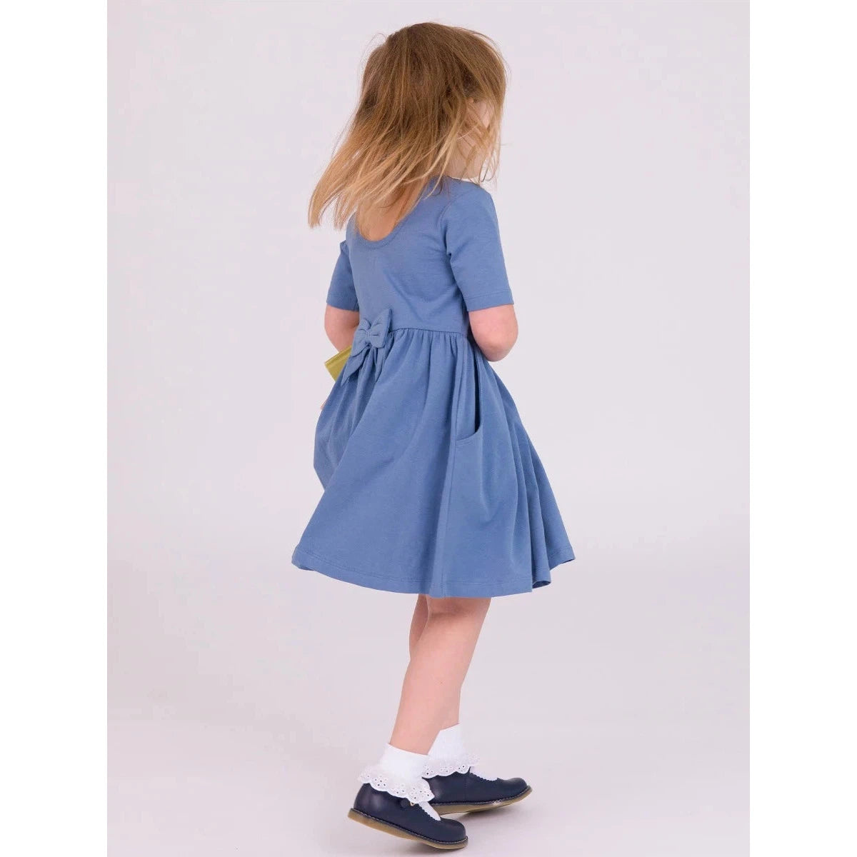 RuffleButts Countryside Blue Short Sleeve Knit Twirl Dress-RUFFLEBUTTS-Little Giant Kidz